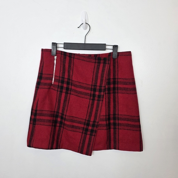 British Khaki Red Black Plaid Wool Blend Preppy Punk Mini Wrap Skirt Size 8 - Picture 1 of 7